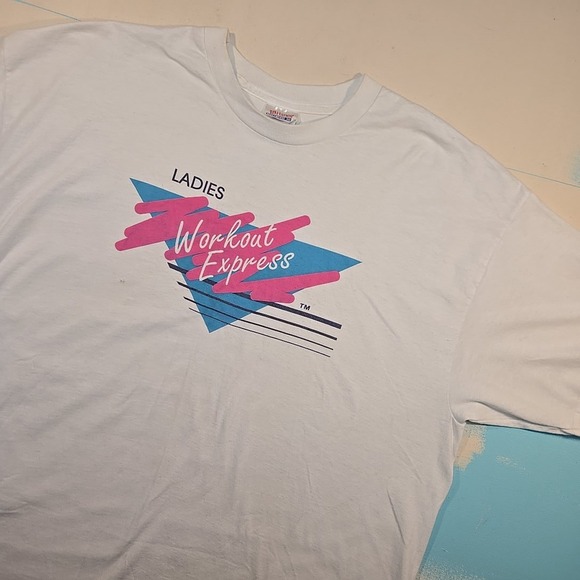 Hanes Heavyweight Other - VTG 90s XL Ladies Workout Express T-Shirt Single Stitch Neon Gym 50/50 Hanes Tee